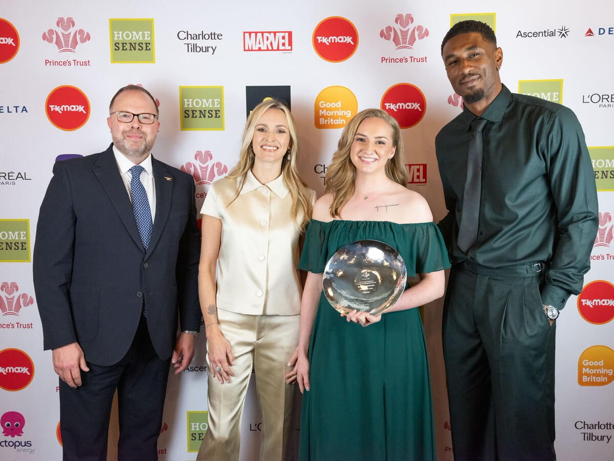 Prince's Trust Award 2024 Ashleigh with her Breakthrough Award sponsor, Delta Airlines and celebrity ambassadors